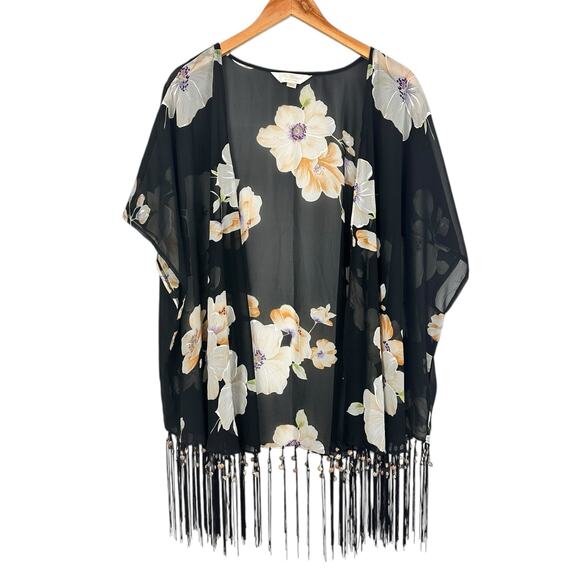 Pia Rossini Black Floral Kimono Tassel Seashells One Size Resortwear Boho Shawl - Picture 4 of 12
